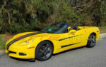 Yellow C6 Corvette coupe with dark charcoal side stripe 3 graphic decals