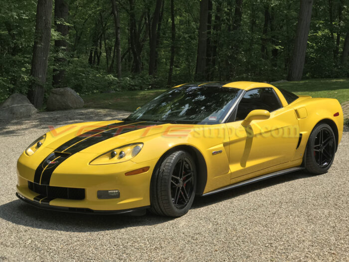 Yellow C6 corvette Z06 with black GM full length dual racing stripe