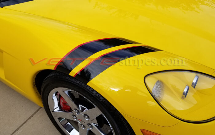 Yellow C6 with black and red fender hash marks stripe decal