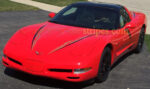 C5 Corvette torch red coupe with black and light gold super hood stripe