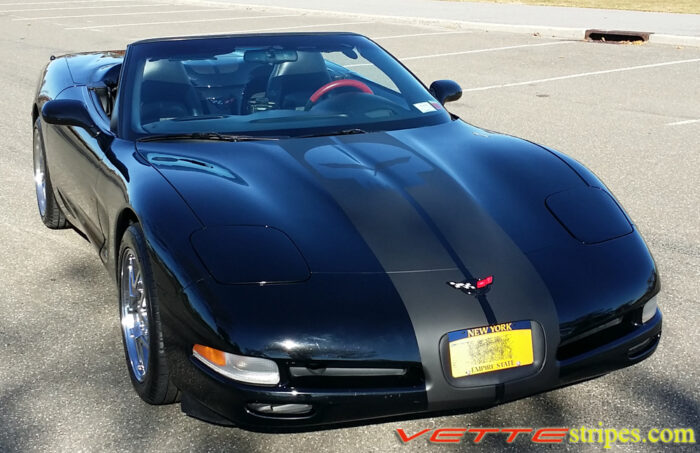 BlackC5 Corvette convertible with matte black racing stripe style 3 with optional jake skull cutout