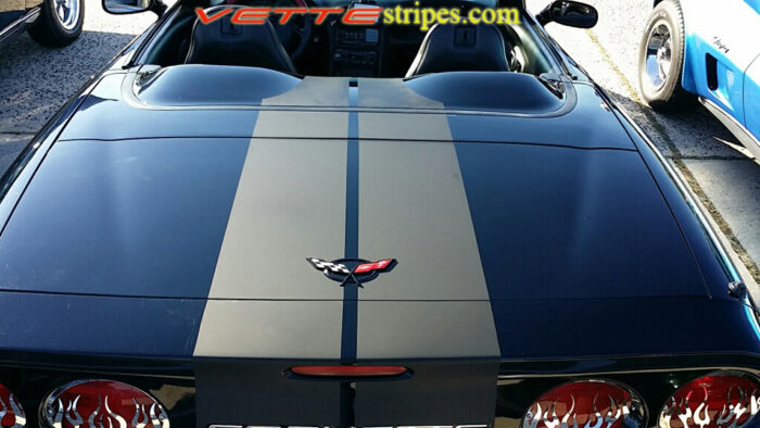 BlackC5 Corvette convertible with matte black racing stripe style 3 with optional jake skull cutout
