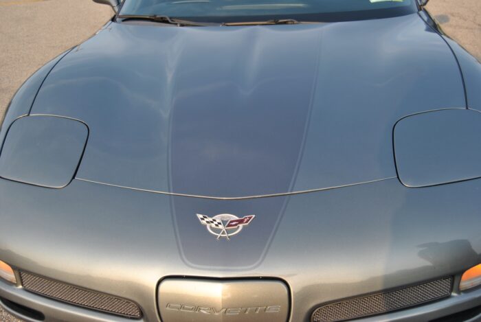 Cyber gray C5 Corvette with dark charcoal classic 1 stripes