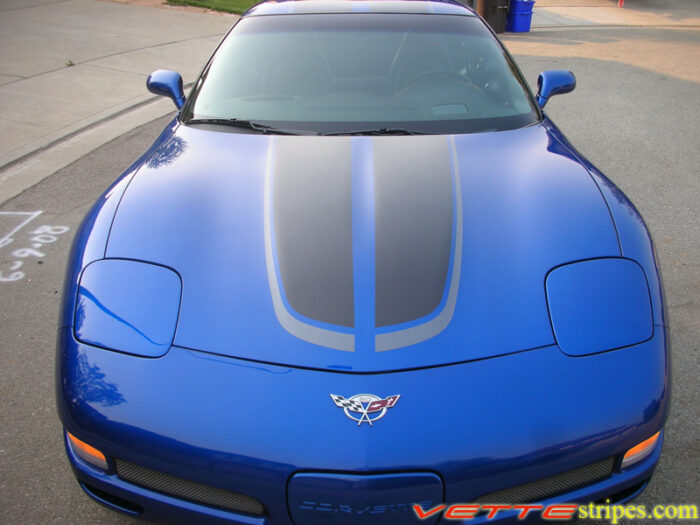 Electron blue C5 Corvette with metallic black and gunmetal CE commemorative stripes