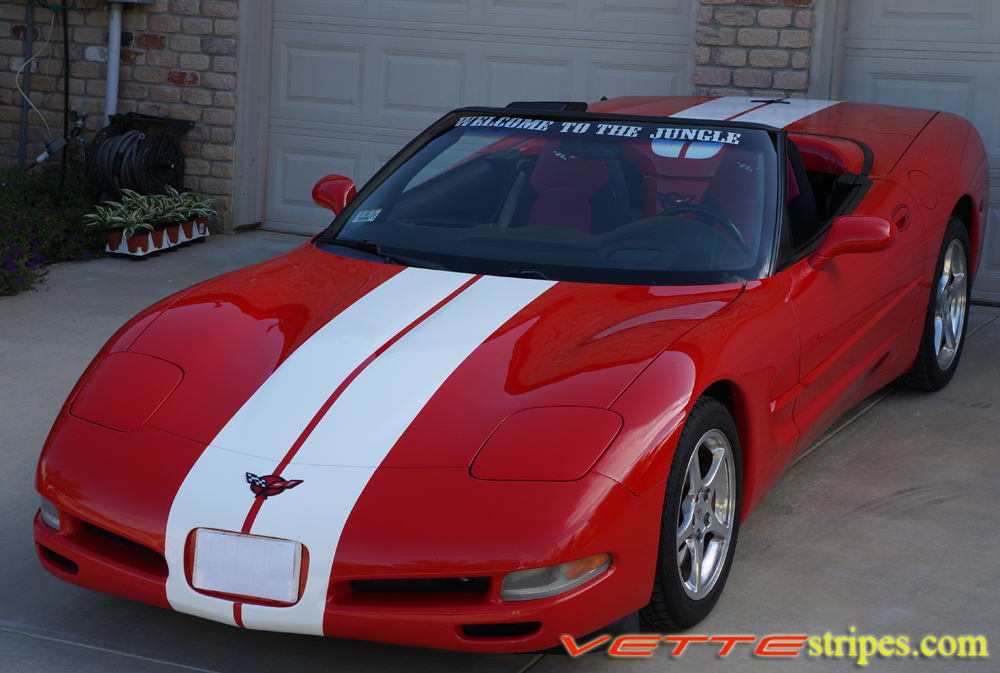 Red C5 Corvette convertible with white full body racing stripe style 3.