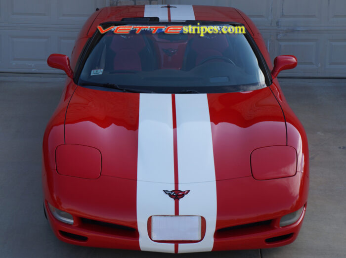Red C5 Corvette convertible with white full body racing stripe style 3