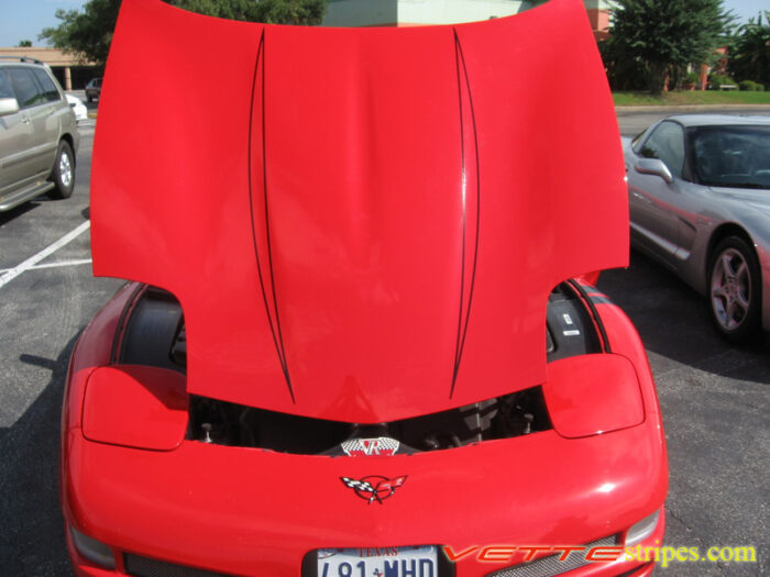 C5 Corvette red with black hood spear stripe