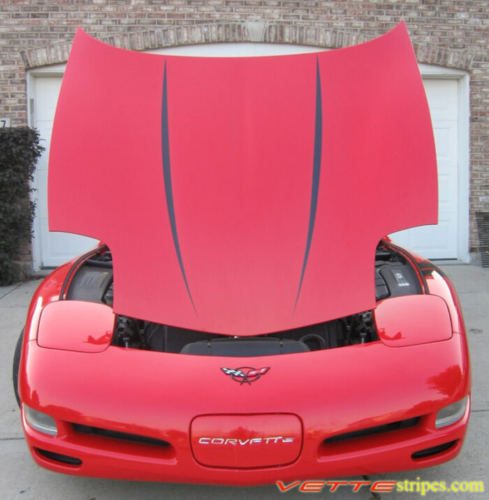 Torch red C5 Corvette with black hood spear stripe