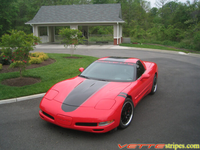 Torch Red C5 Corvette coupe with metallic black and dark charcoal ME stripe