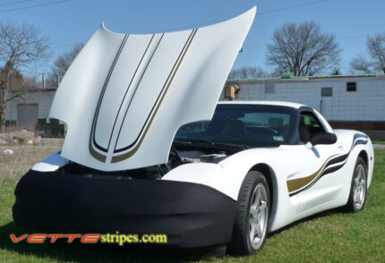 White C5 Corvette with black and light gold CE3 stripes