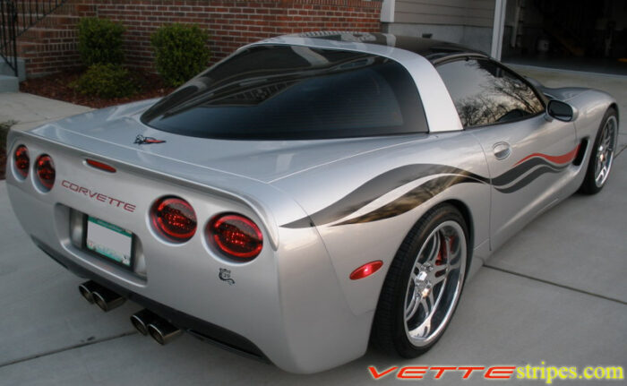 Silver C5 Corvette with black red side stripes graphic