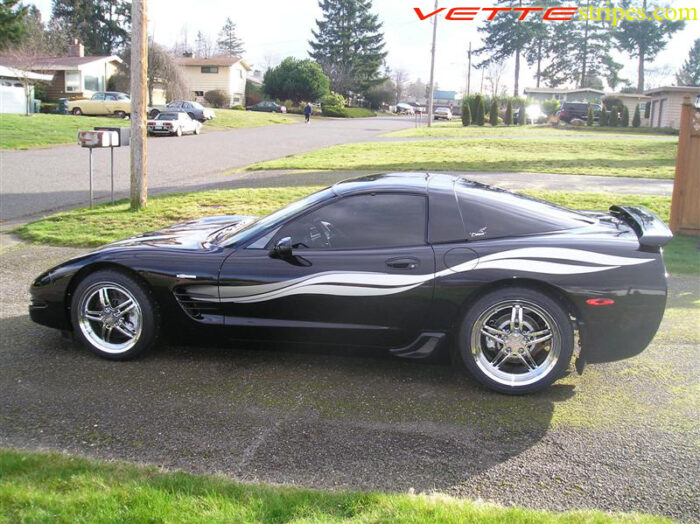Black C5 corvette coupe with silver and pewter side stripes graphic