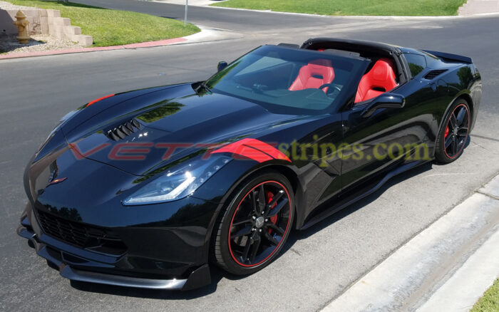 Black C7 corvette stingray with red grand sport fender hash marks