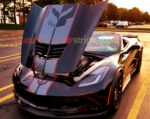 Black C7 Z06 convertible with dark charcoal red GM full length dual racing stripe 2 and optional jake cutout