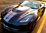 Black C7 Z06 convertible with dark charcoal red GM full length dual racing stripe 2 and optional jake cutout