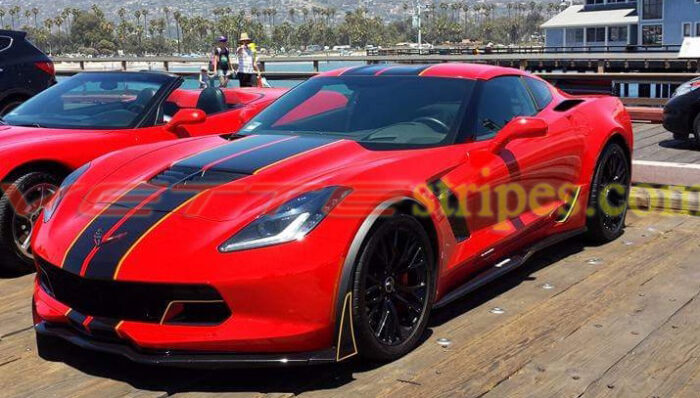Torch red C7 Z06 with black and yellow GM full length dual racing 2 stripes