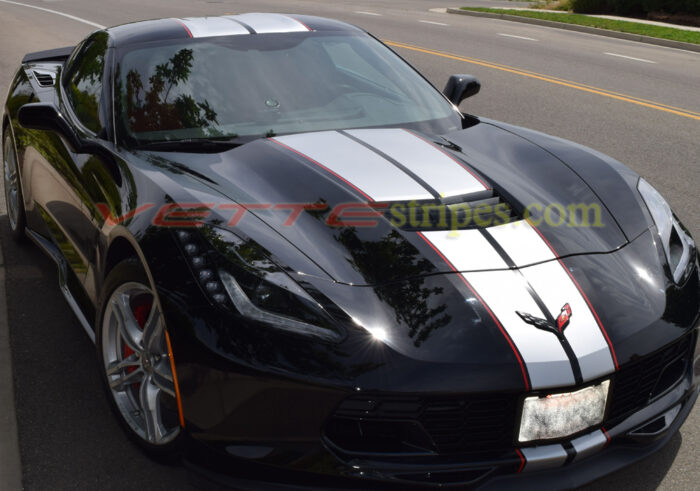 Black C7 Stingray coupe with silver GM full length racing and red pinstripes