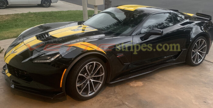 Black C7 grand sport with yellow GM full length dual racing stripes 2