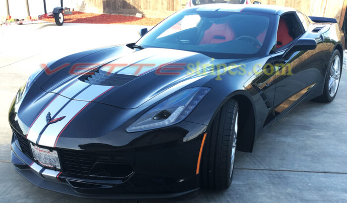 Black C7 Corvette Stingray coupe with silver and red GM full length racing 2