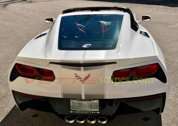 White C7 Corvette Stingray with matte silver GM full body racing stripes