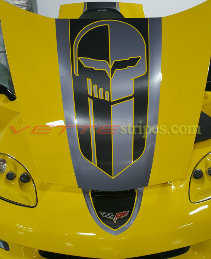 C6 Corvette GT4 stripes in brush steel and brush metallic black with optional jake skull