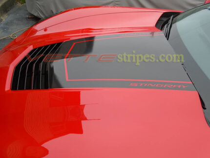 Torch red C7 Corvette Stingray with 3M 1080 carbon flash Stinger 2 stripe with Stingray cutout