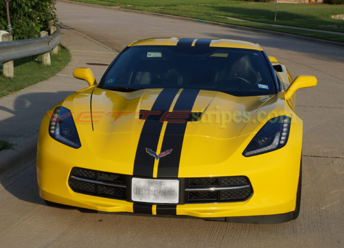 Yellow C7 Corvette stingray with matte black racing 3 stripes