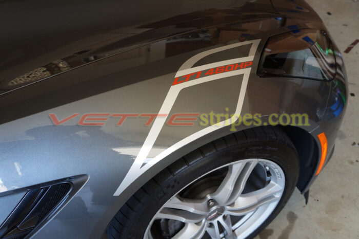 Shark Gray C7 Stingray carbon 65 fender hash marks in blade silver with red LT1 460HP script