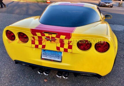 Yellow C6 Grand sport with red ME3 stripes and custom checkered flags