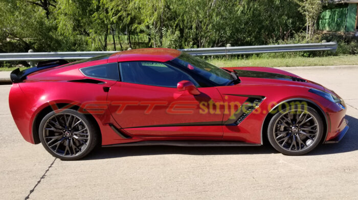Crystal red C7 Z06 Corvette with side vent top of bottom spears side stripes decal
