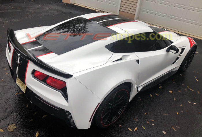 C7 white grand sport with GM full racing ME stripes in 3M carbon flash and red and optional fender hash marks