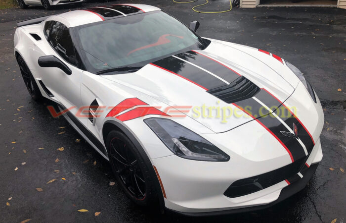 C7 white grand sport with GM full racing ME stripes in 3M carbon flash and red and optional fender hash marks