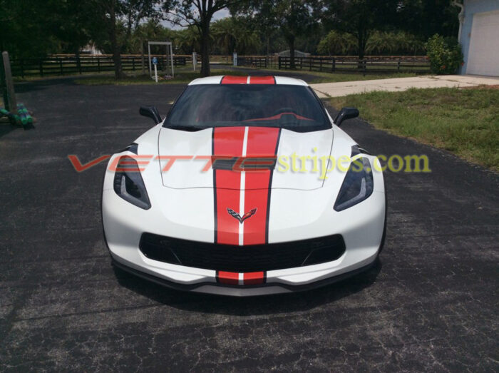 C7 white grand sport with GM full racing ME stripes in Adrenaline red and carbon flash