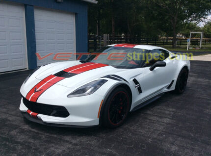 C7 white grand sport with GM full racing ME stripes in Adrenaline red and carbon flash