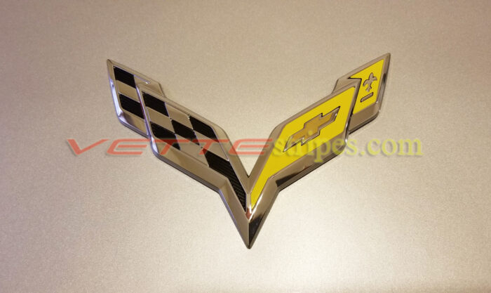C7 Corvette emblem overlay in gloss yellow close to yellow brake calipers