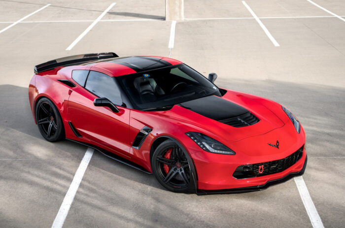 Torch Red C7 Corvette Z06 with C7R center stripes in 3M 1080 gloss carbon flash