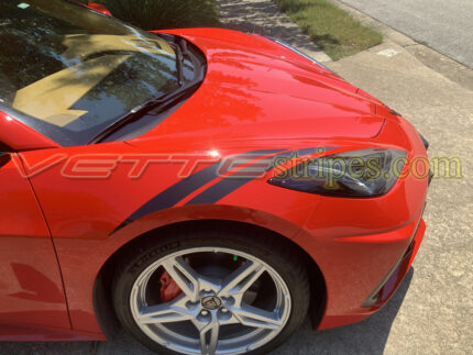 Torch red C8 Corvette Stingray with gloss carbon flash fender hash marks