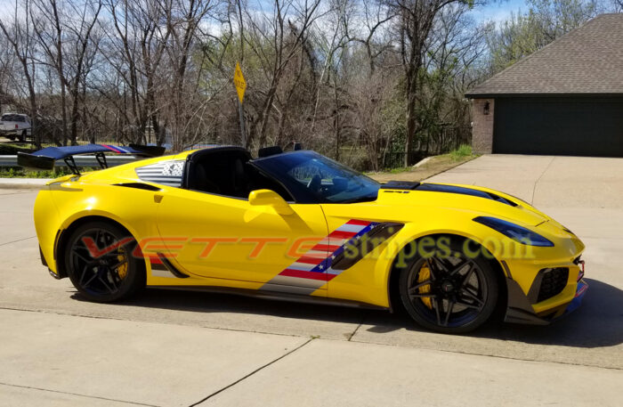 2019 yellow C7 Corvette ZR1 with C7R side stripes and optional american flag