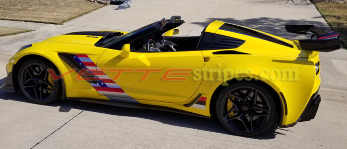 2019 yellow C7 Corvette ZR1 with C7R side stripes and optional american flag