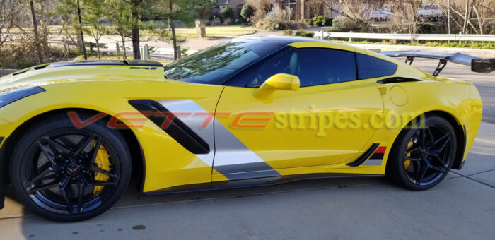 2019 yellow C7 Corvette ZR1 with C7R side stripes in 3M 1080 gloss blade silver