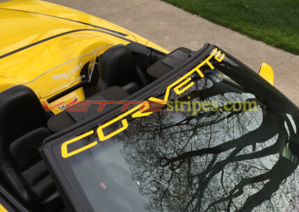 Velocity yellow C6 Corvette with velocity yellow Corvette windshield letters