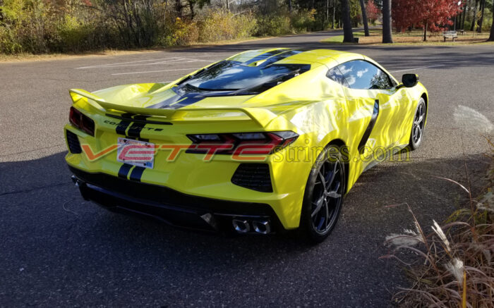 Accelerate Yellow C8 Corvette with GM full length dual racing stripes in 3M 1080 gloss carbon flash three quarter wider