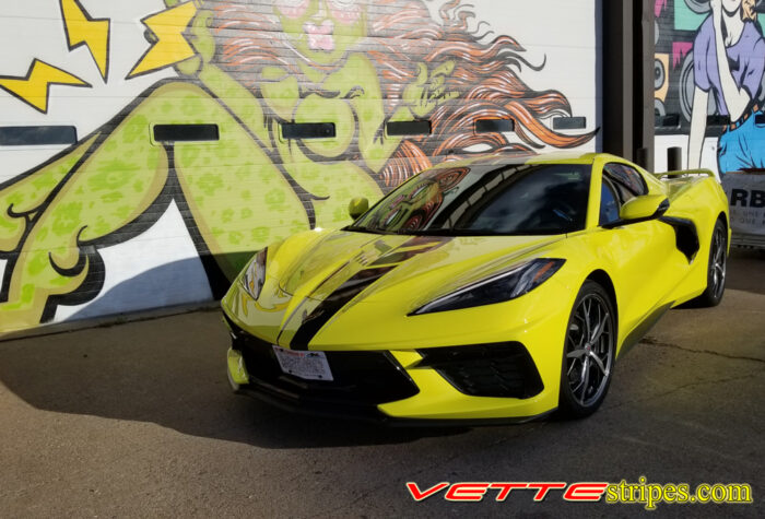 Accelerate Yellow C8 Corvette with Jake GM full length dual racing stripes in 3M 1080 gloss carbon flash