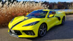Accelerate Yellow C8 Corvette with Jake GM full length dual racing stripes in 3M 1080 gloss carbon flash