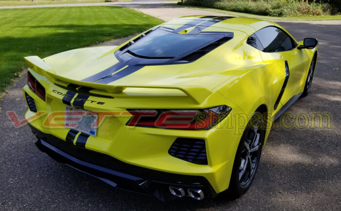Accelerate Yellow C8 Corvette with Jake GM full length dual racing stripes with 3 quarter inch wider rear stripes