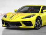 Accelerate Yellow C8 Corvette with OEM hood stinger spears in gloss carbon flash and sterling silver