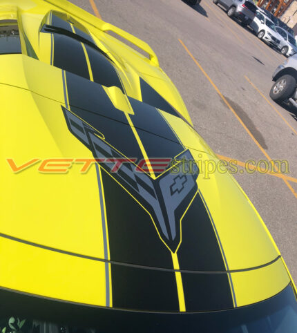 Accelerate yellow C8 Corvette HTC convertible with 2022 C8R Edition stripes in 3M 2080 gloss carbon flash and pewter