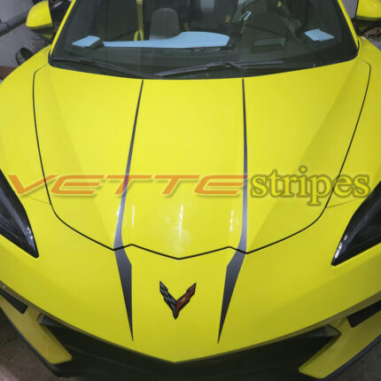 Accelerate yellow C8 Corvette with matte black hood stinger spears