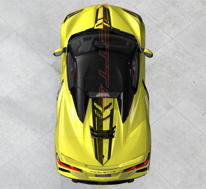 Acellerate Yellow C8 HTC convertible with Stinger stripes hood and rear
