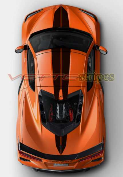Sebring Orange C8 Corvette Stingray coupe with gloss carbon flash ME2 dual racing stripes